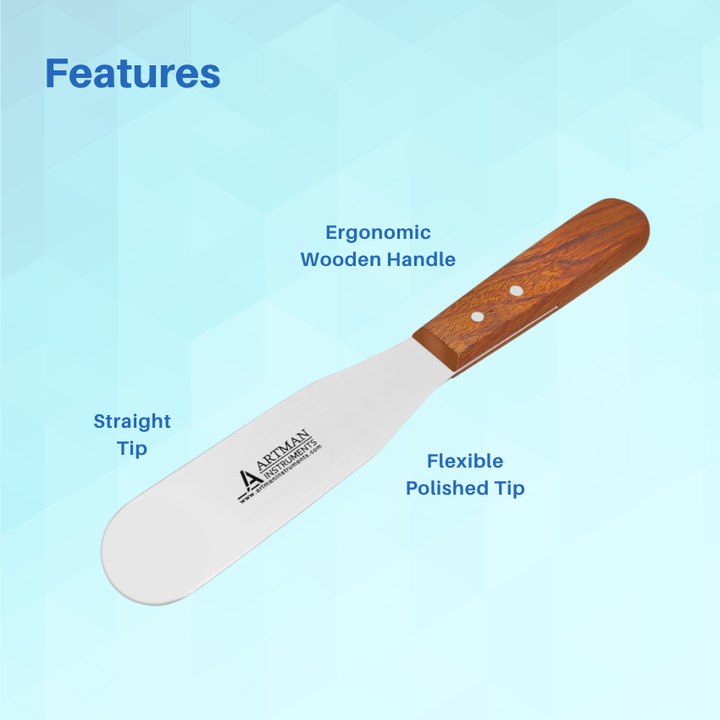 A diagram illustrating the features of a wooden-handled plaster spatula, including its flexible blade and comfortable grip.