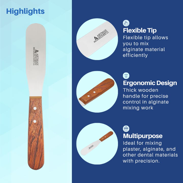 An infographic of a wooden handle plaster spatula highlighting its key features, such as blade flexibility and handle design.
