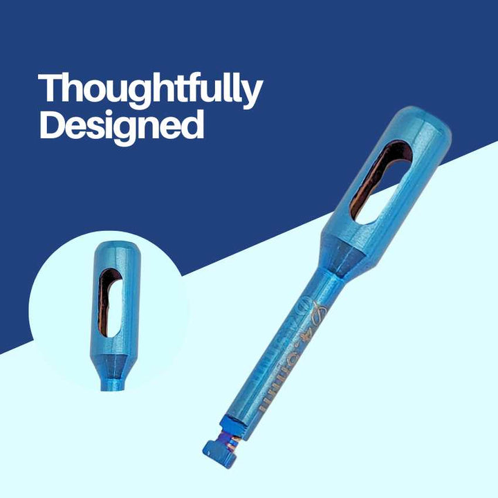 A "Thoughtfully Designed" graphic illustrating the precision tip and ergonomic form of a blue dental instrument.