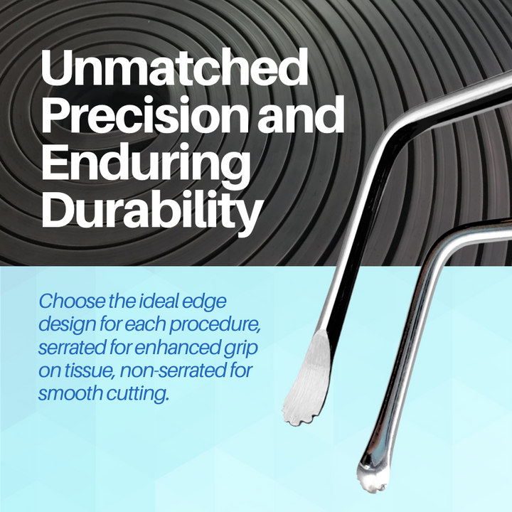A close-up view of the serrated tips of Lucas bone curettes, showcasing their unmatched precision and the premium durability of the German steel.