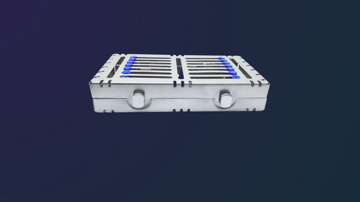A 15-second product video demonstrating the durable build and locking mechanism of a heavy-duty dental sterilization cassette tray.
