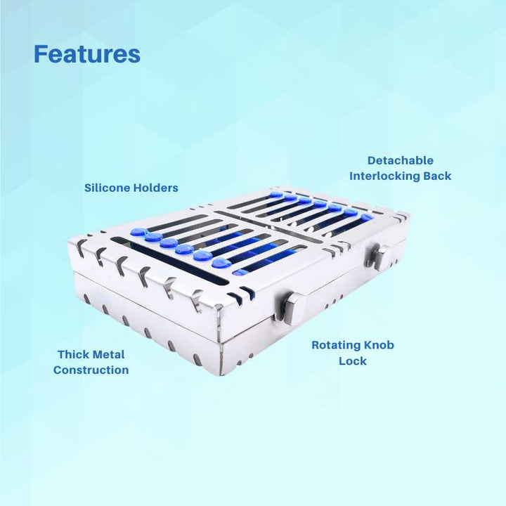 Features of the Artman sterilization cassette, including silicone holders, drain holes, a moving lock, and a detachable locking rack.