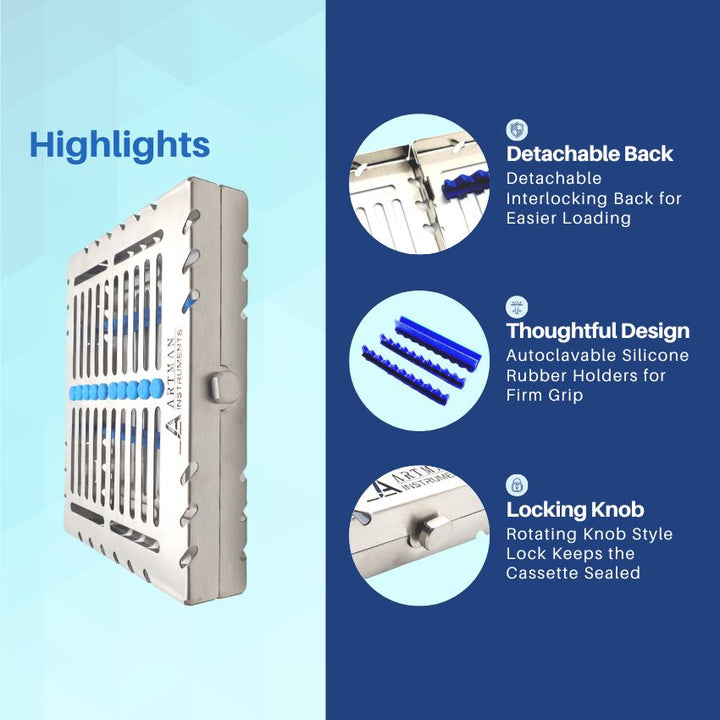 Highlights of the Artman sterilization cassette, showing its thoughtful design, locking latch, and detachable lock-on mechanism.