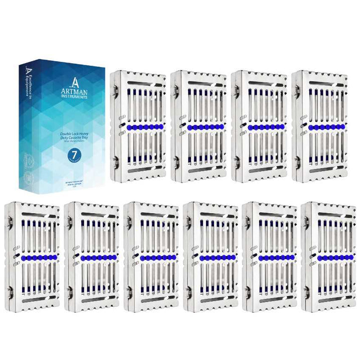 Bulk package of ten Artman Instruments dental sterilization cassettes, each designed to hold ten instruments.