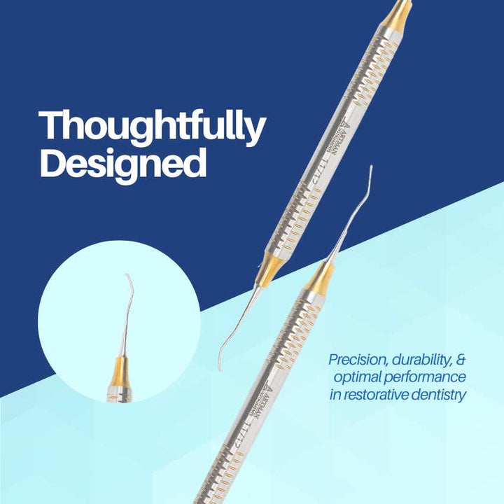 A "Thoughtfully Designed" dental amalgam plugger from Artman Instruments, highlighting its flexible and durable construction.
