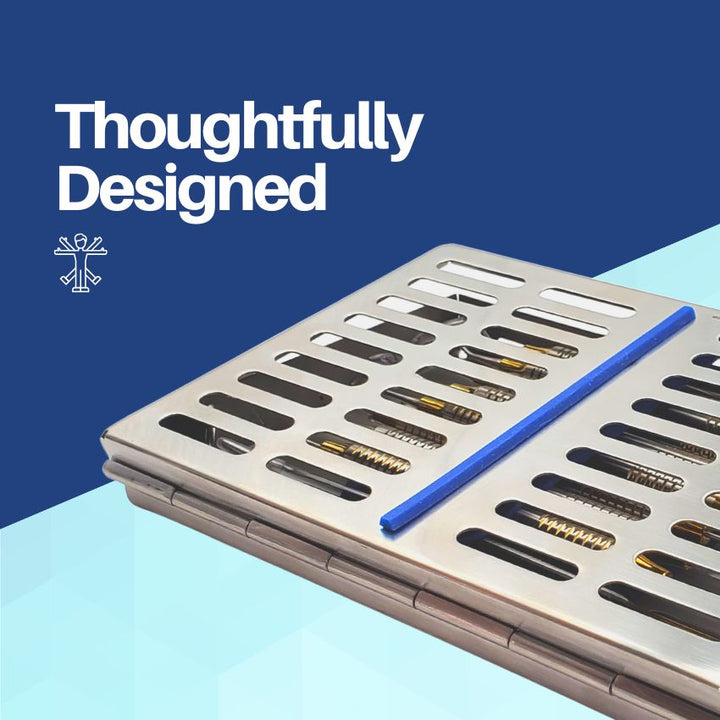 A closed Artman 10-instrument sterilization cassette, highlighting its thoughtful, compact, and durable design.