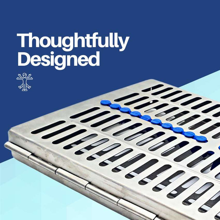 An open Artman sterilization cassette for 20 instruments, highlighting its thoughtfully designed and compact layout.
