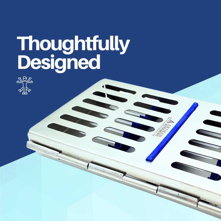 An open Artman sterilization cassette for 7 dental instruments, highlighting its thoughtfully designed and organized layout.