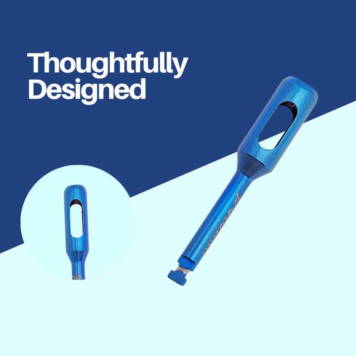 A graphic showcasing the thoughtfully designed tip of a blue dental instrument, built for precise application.