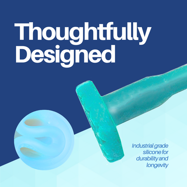 A thoughtfully designed teal dental crown remover tool, shown from an angle against a modern blue background.