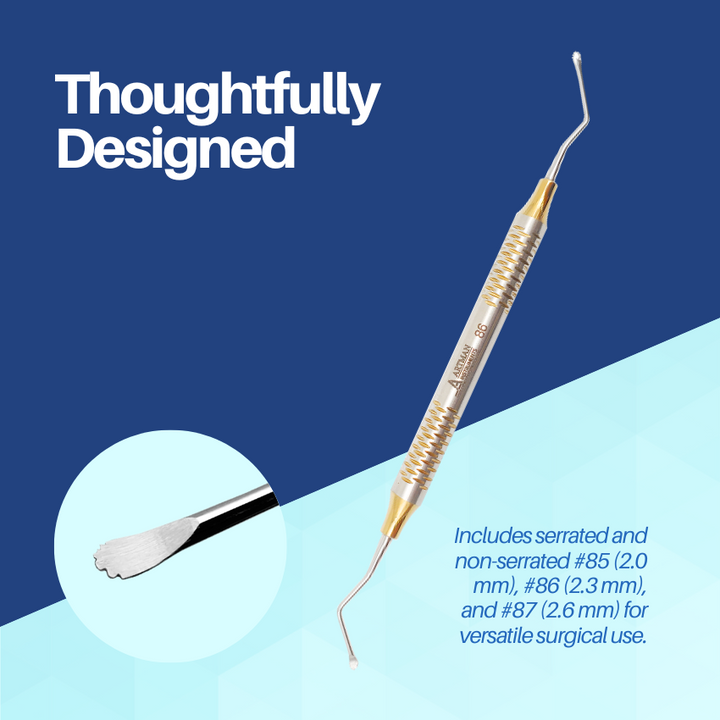 A thoughtfully designed Lucas bone curette, emphasizing its balanced construction and precision serrated tip for effective surgical use.