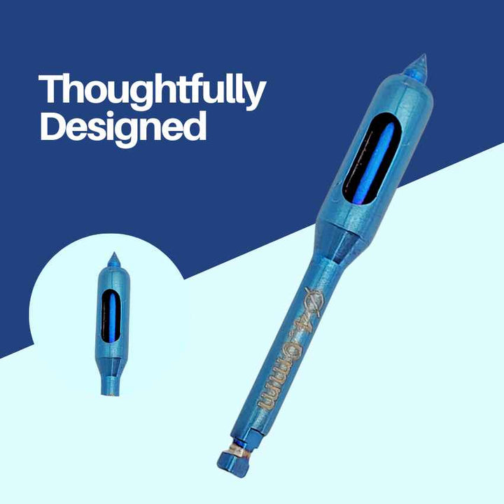 A graphic highlighting the "Thoughtfully Designed" tip of a blue dental composite instrument, emphasizing precision.