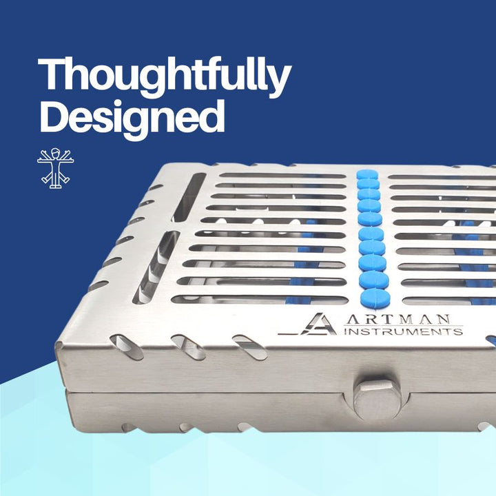 Close-up of a "Thoughtfully Designed" stainless steel dental instrument sterilization cassette by Artman Instruments.