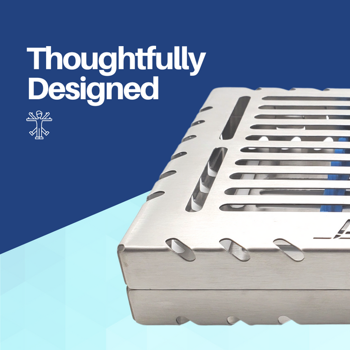 A thoughtfully designed stainless steel sterilization cassette, open to show the organized placement for dental instruments.