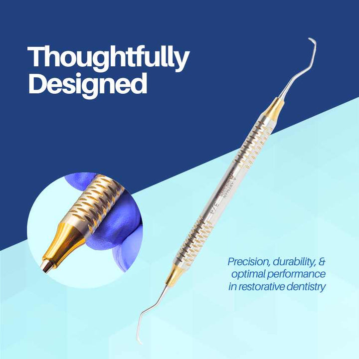 "Thoughtfully Designed" dental scaler from Artman Instruments, highlighting its precision angled tip and ergonomic handle.

