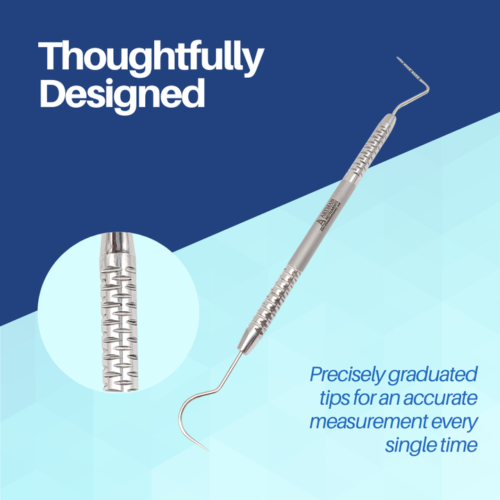 A "Thoughtfully Designed" Artman dental probe with a precisely graduated tip for accurate measurements and a detailed, textured handle.
