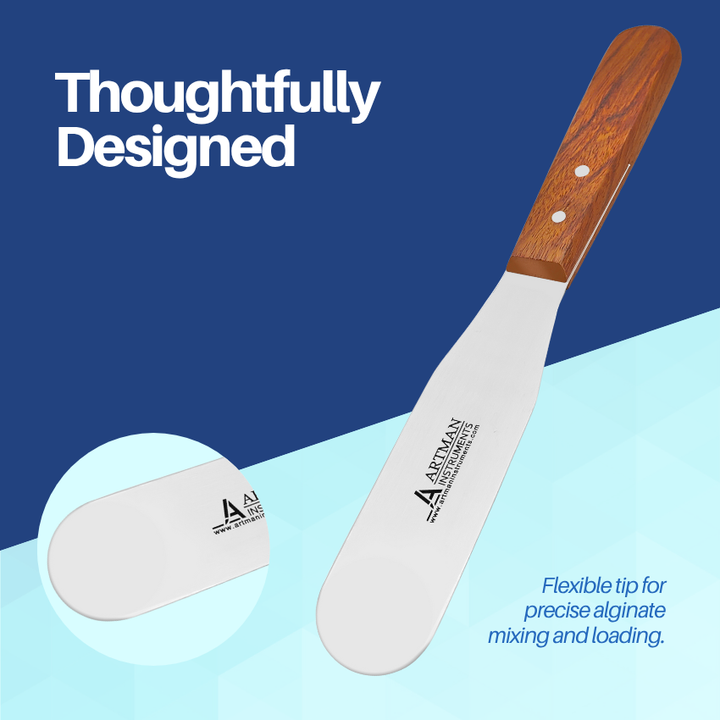 A graphic labeling the plaster spatula as "Thoughtfully Designed," with a magnified circle focusing on the blade's edge for mixing.