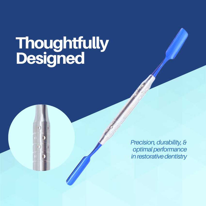An infographic showcasing a 'Thoughtfully Designed' dental instrument for restorative dentistry. It features the double-ended tool with blue tips and includes a magnified view of its ergonomic, textured handle to highlight precision and durability.