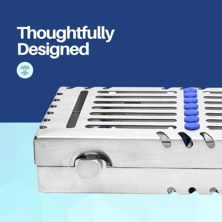 Side view of a "Thoughtfully Designed" Artman Instruments sterilization tray, showing the secure closing latch mechanism.