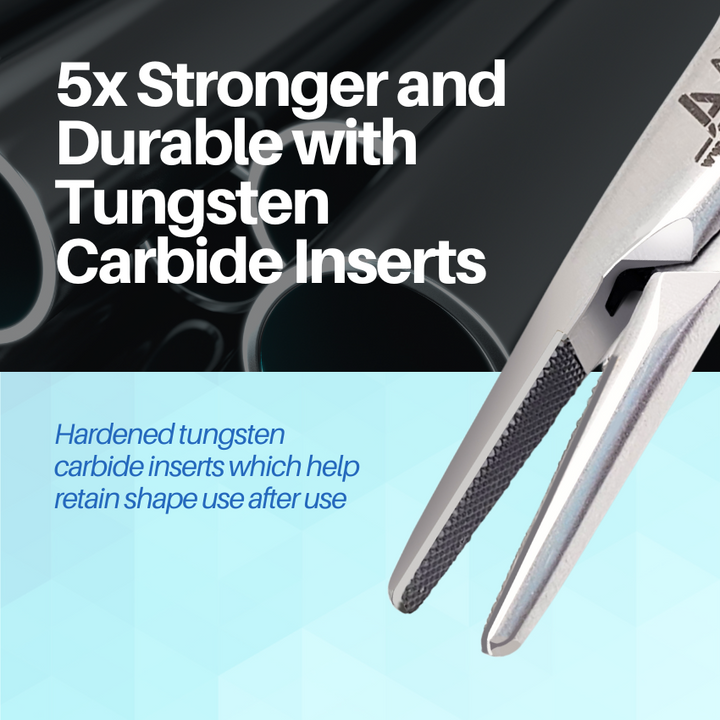 A close-up view of the strong tungsten carbide inserts on the tips of a dental hemostat for enhanced grip.