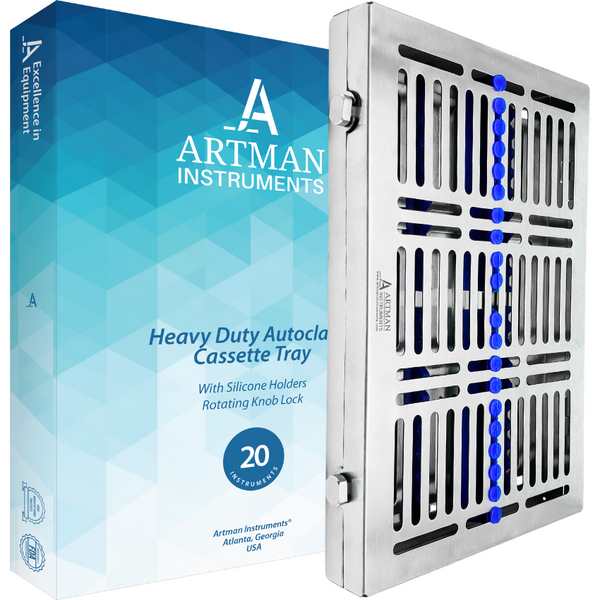 A pair of closed, stainless steel dental autoclave cassettes standing vertically against a modern, branded background.