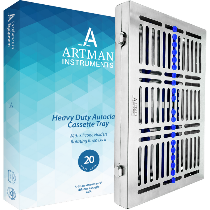 A pair of closed, stainless steel dental autoclave cassettes standing vertically against a modern, branded background.