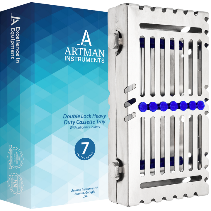 A closed, stainless steel dental instrument sterilization cassette for 20 tools, standing vertically against a modern background.