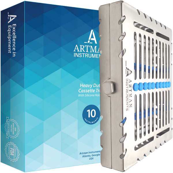 A closed, stainless steel dental instrument sterilization cassette standing vertically against a blue geometric background.